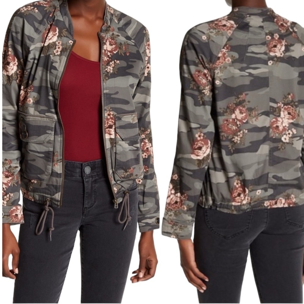DEMOCRACY Floral Camo Bomber Jacket in Green Camo w/ Pink Florals Size Large - Picture 6 of 7